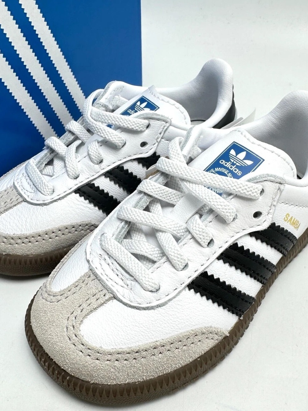 adidas White and Black Samba Sneakers with Brown Suede